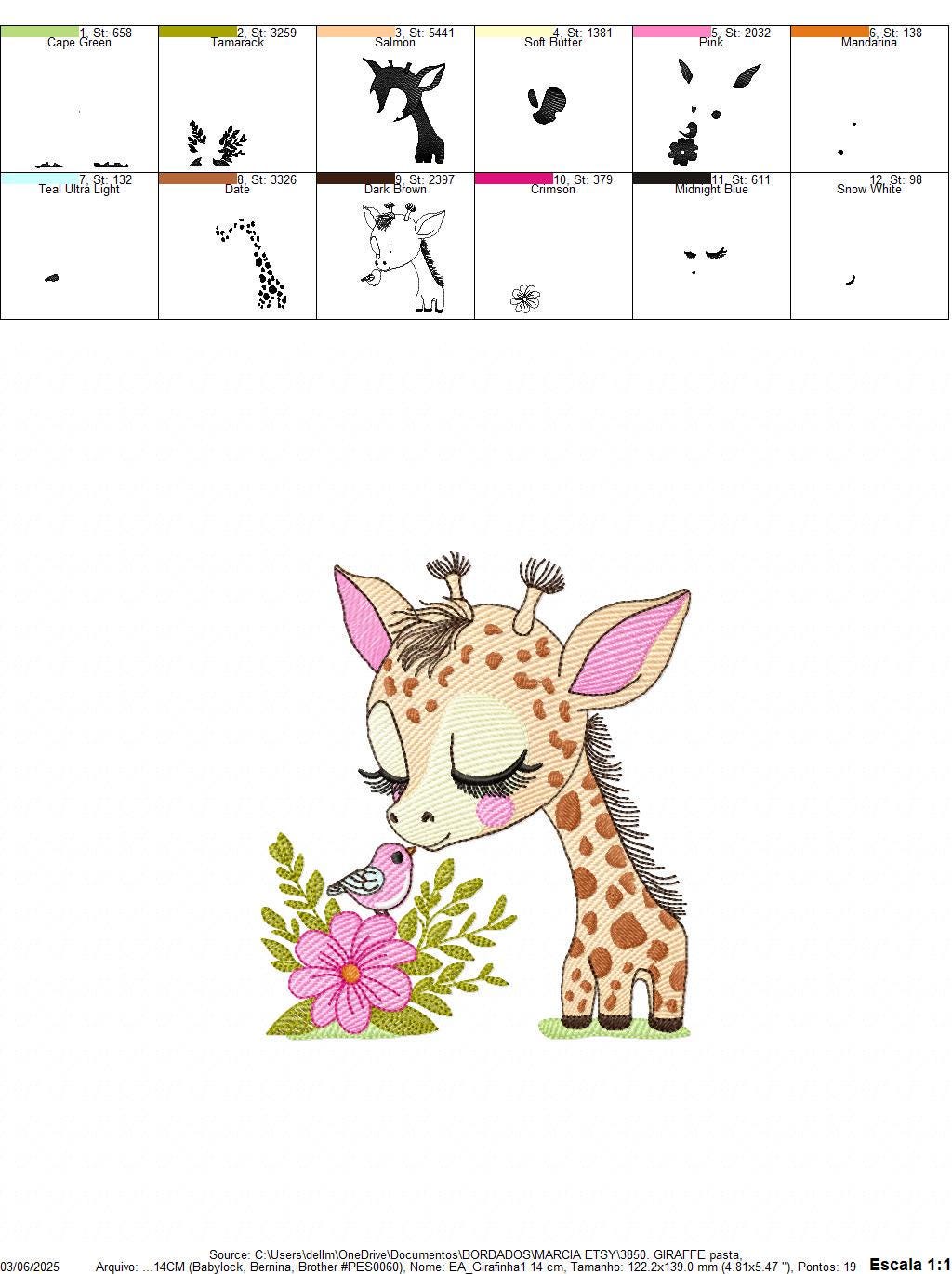 Giraffe with flower embroidery designs - Safari Female wild animal emachine embroidery pattern - Baby girl file - Instant download pes jef