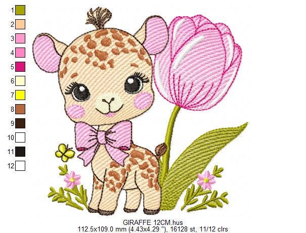 Female Giraffe embroidery designs - Baby Girl Safari animal machine embroidery pattern - Giraffe with tulip file - Instant download pes jef