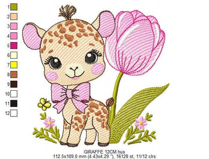 Female Giraffe embroidery designs - Baby Girl Safari animal machine embroidery pattern - Giraffe with tulip file - Instant download pes jef