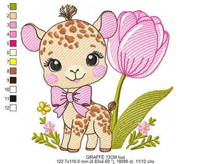Female Giraffe embroidery designs - Baby Girl Safari animal machine embroidery pattern - Giraffe with tulip file - Instant download pes jef