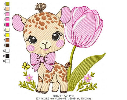 Female Giraffe embroidery designs - Baby Girl Safari animal machine embroidery pattern - Giraffe with tulip file - Instant download pes jef