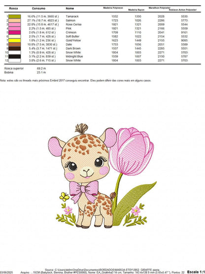 Female Giraffe embroidery designs - Baby Girl Safari animal machine embroidery pattern - Giraffe with tulip file - Instant download pes jef