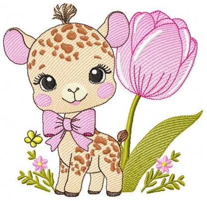 Female Giraffe embroidery designs - Baby Girl Safari animal machine embroidery pattern - Giraffe with tulip file - Instant download pes jef