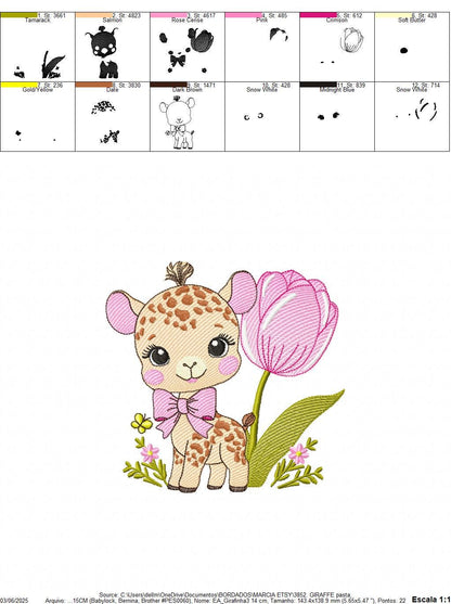 Female Giraffe embroidery designs - Baby Girl Safari animal machine embroidery pattern - Giraffe with tulip file - Instant download pes jef