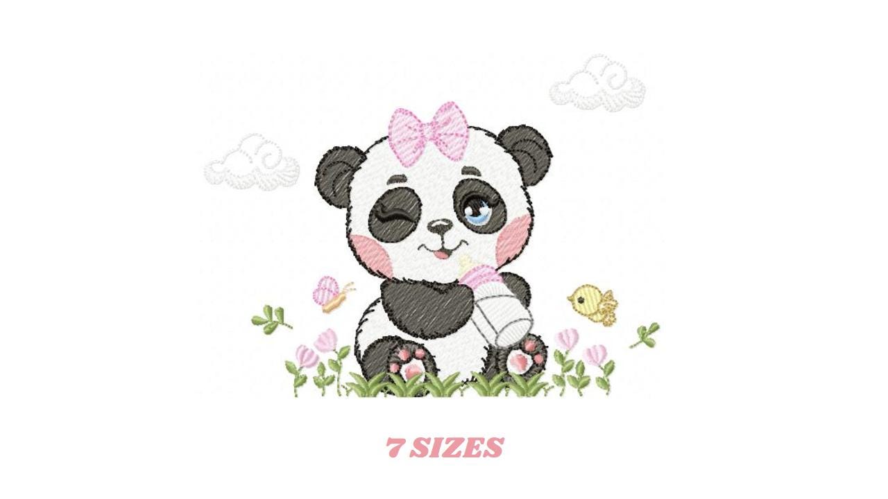 Panda embroidery design - Wild Female Animal with bow lace machine embroidery pattern - Baby Girl Panda with flowers - Instant download jef