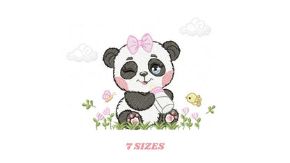 Panda embroidery design - Wild Female Animal with bow lace machine embroidery pattern - Baby Girl Panda with flowers - Instant download jef