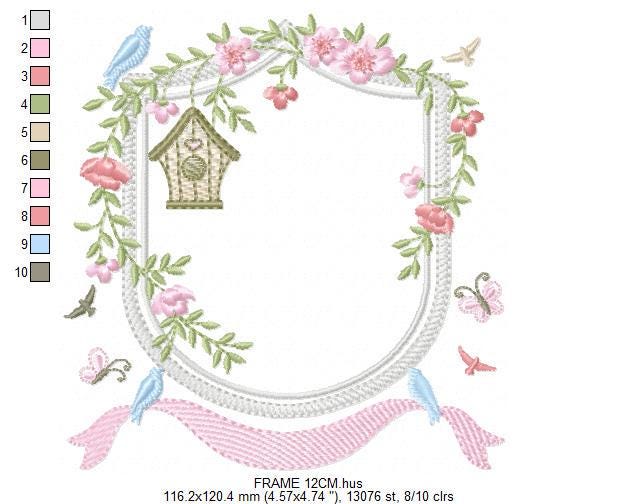 Birdhouse with flowers frame embroidery designs - Flower Monogram frame machine embroidery pattern - Floral Wreath Frame - instant download