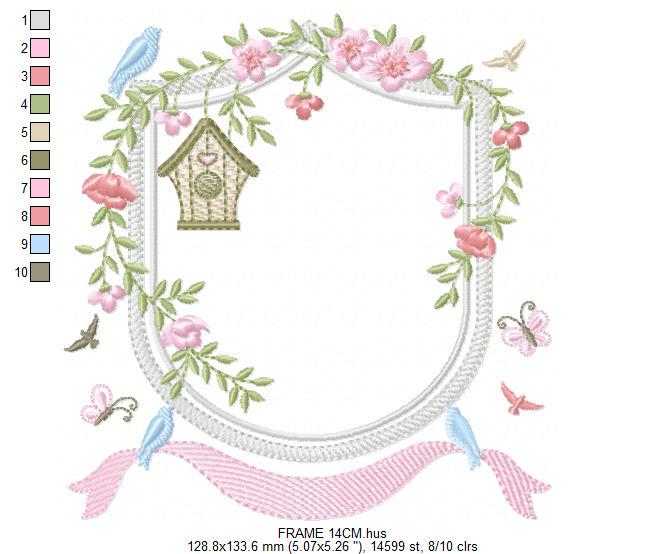 Birdhouse with flowers frame embroidery designs - Flower Monogram frame machine embroidery pattern - Floral Wreath Frame - instant download