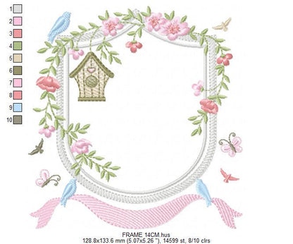 Birdhouse with flowers frame embroidery designs - Flower Monogram frame machine embroidery pattern - Floral Wreath Frame - instant download