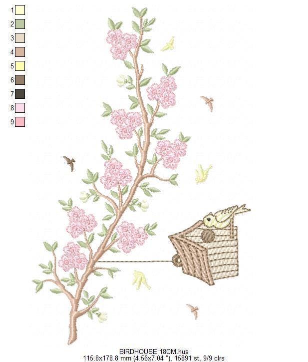 Birdhouse embroidery designs - Cherry Blossom tree machine embroidery pattern - Baby girl file - Birds with tree - Instant download pes jef