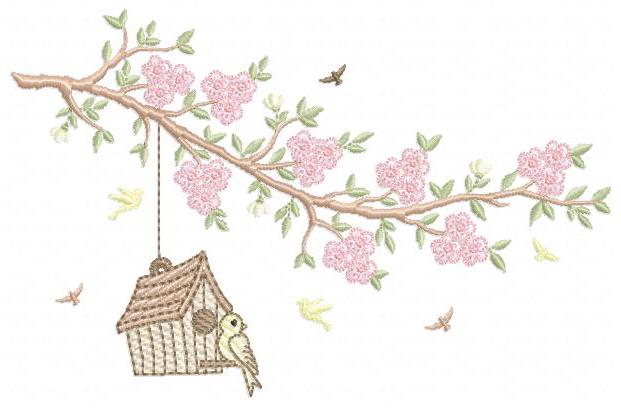 Birdhouse embroidery designs - Cherry Blossom tree machine embroidery pattern - Baby girl file - Birds with tree - Instant download pes jef