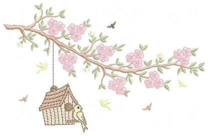 Birdhouse embroidery designs - Cherry Blossom tree machine embroidery pattern - Baby girl file - Birds with tree - Instant download pes jef