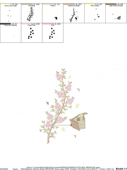 Birdhouse embroidery designs - Cherry Blossom tree machine embroidery pattern - Baby girl file - Birds with tree - Instant download pes jef