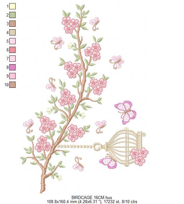 Birdhouse embroidery designs - Cherry Blossom tree machine embroidery pattern - Baby girl file - Birds with tree - Instant download pes dst
