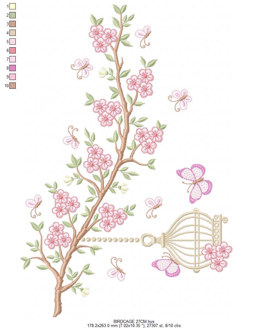 Birdhouse embroidery designs - Cherry Blossom tree machine embroidery pattern - Baby girl file - Birds with tree - Instant download pes dst
