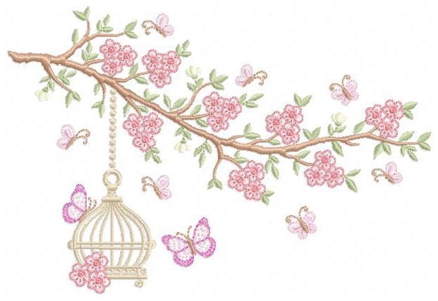 Birdhouse embroidery designs - Cherry Blossom tree machine embroidery pattern - Baby girl file - Birds with tree - Instant download pes dst