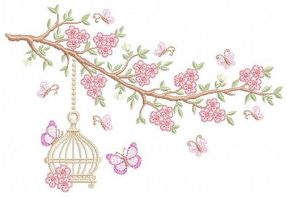 Birdhouse embroidery designs - Cherry Blossom tree machine embroidery pattern - Baby girl file - Birds with tree - Instant download pes dst