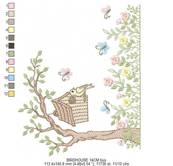 Bird embroidery designs - Bird House machine embroidery pattern - Baby girl file - Birds with tree and flowers - Instant download pes jef