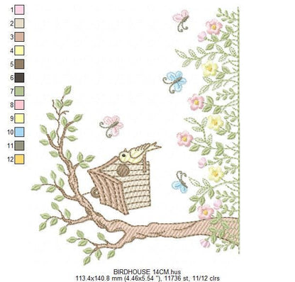 Bird embroidery designs - Bird House machine embroidery pattern - Baby girl file - Birds with tree and flowers - Instant download pes jef
