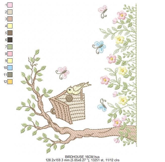 Bird embroidery designs - Bird House machine embroidery pattern - Baby girl file - Birds with tree and flowers - Instant download pes jef