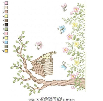 Bird embroidery designs - Bird House machine embroidery pattern - Baby girl file - Birds with tree and flowers - Instant download pes jef