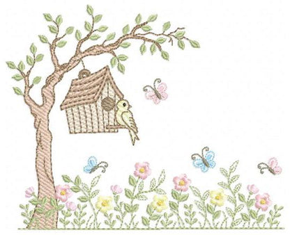 Bird embroidery designs - Bird House machine embroidery pattern - Baby girl file - Birds with tree and flowers - Instant download pes jef