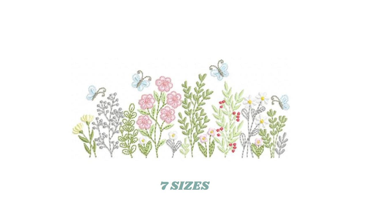Flower garden embroidery designs - Butterfly floral spring garden machine embroidery pattern - Kitchen towel file - instant download pes jef