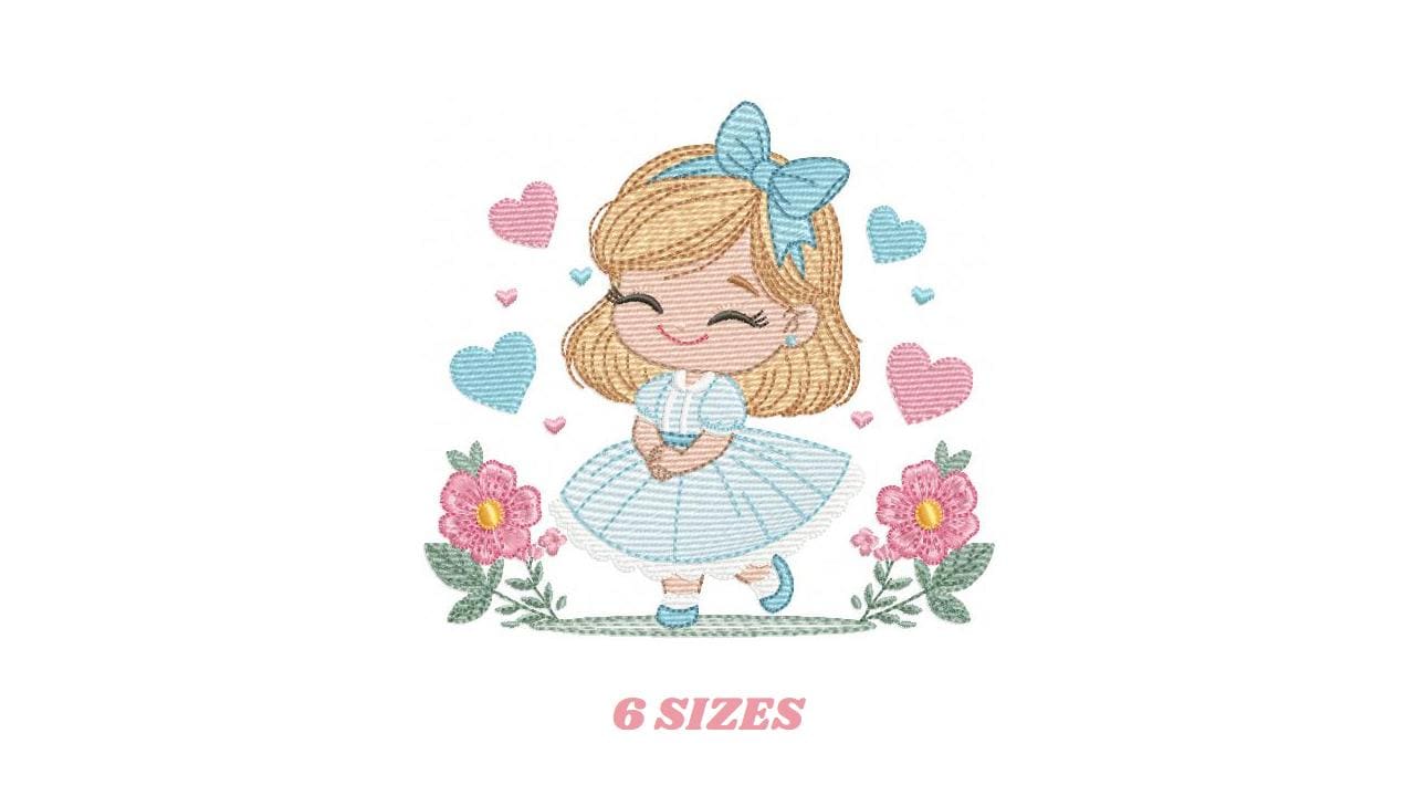 Baby girl with flowers embroidery designs - Princess with long hair and lace machine embroidery pattern - Instant digital download pes jef