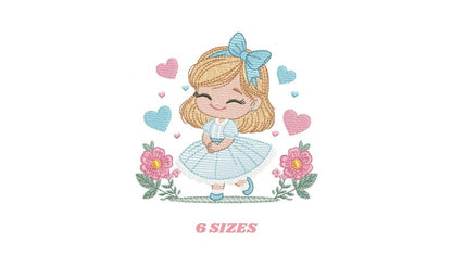 Baby girl with flowers embroidery designs - Princess with long hair and lace machine embroidery pattern - Instant digital download pes jef