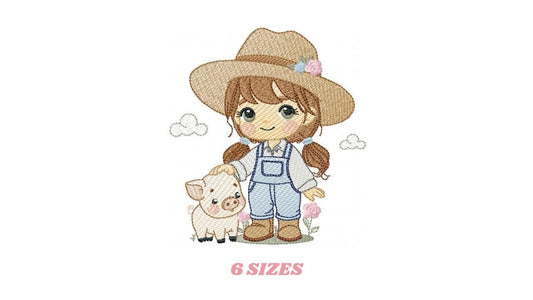 Girl Farmer embroidery designs - Farmer with hat and pig machine embroidery pattern - Cowgirlwith long hair file - Instant digital download