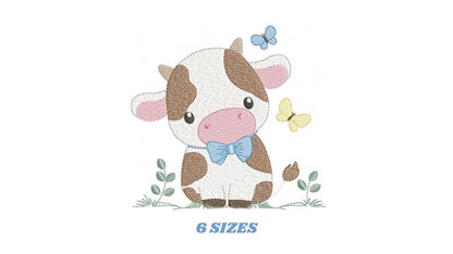 Cow embroidery design - Farm Animal with bow tie and butterflies machine embroidery pattern - Farm Baby Boy file - Instant download pes jef