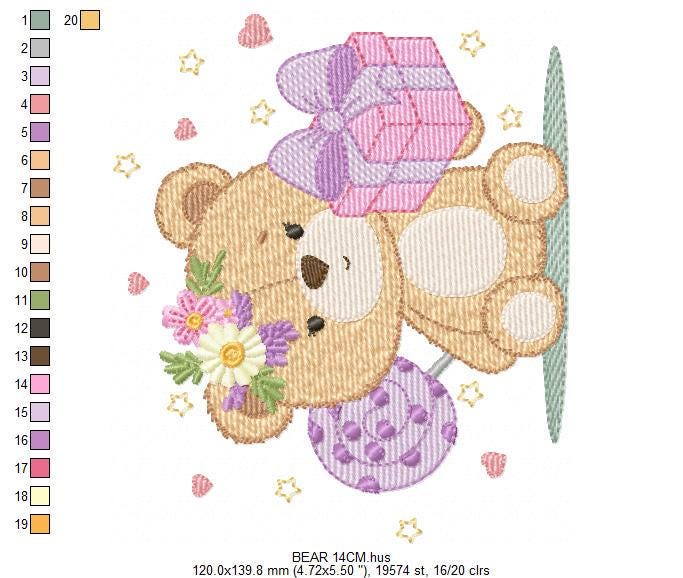 Birthday Teddy Bear embroidery designs - Baby girl bear machine embroidery pattern - Bear with gift file - Instant download pes jef dst hus
