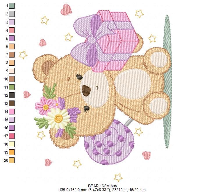 Birthday Teddy Bear embroidery designs - Baby girl bear machine embroidery pattern - Bear with gift file - Instant download pes jef dst hus