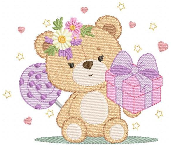 Birthday Teddy Bear embroidery designs - Baby girl bear machine embroidery pattern - Bear with gift file - Instant download pes jef dst hus