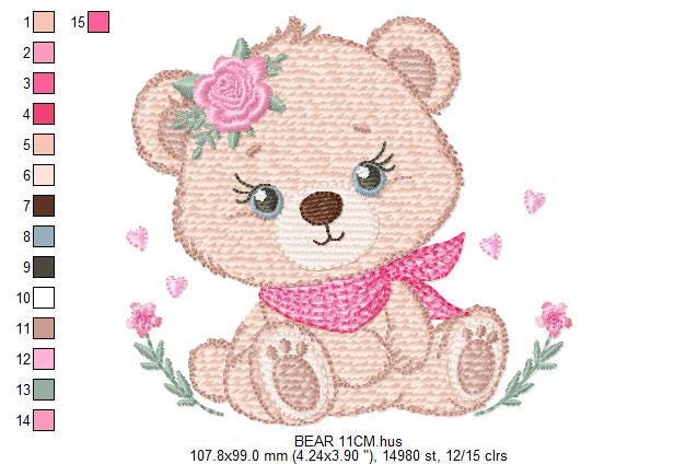 Teddy Bear embroidery designs - Baby girl bear with flowers machine embroidery pattern - Bear with bandana file - Instant download pes jef