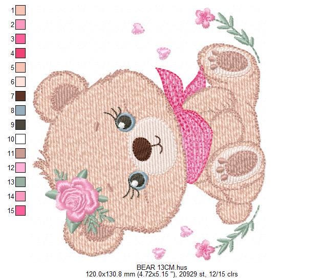 Teddy Bear embroidery designs - Baby girl bear with flowers machine embroidery pattern - Bear with bandana file - Instant download pes jef
