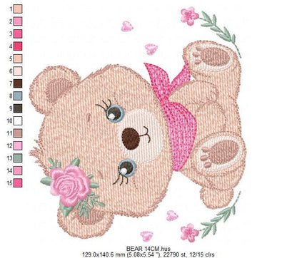 Teddy Bear embroidery designs - Baby girl bear with flowers machine embroidery pattern - Bear with bandana file - Instant download pes jef
