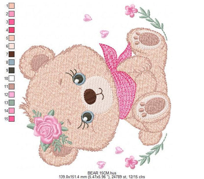 Teddy Bear embroidery designs - Baby girl bear with flowers machine embroidery pattern - Bear with bandana file - Instant download pes jef