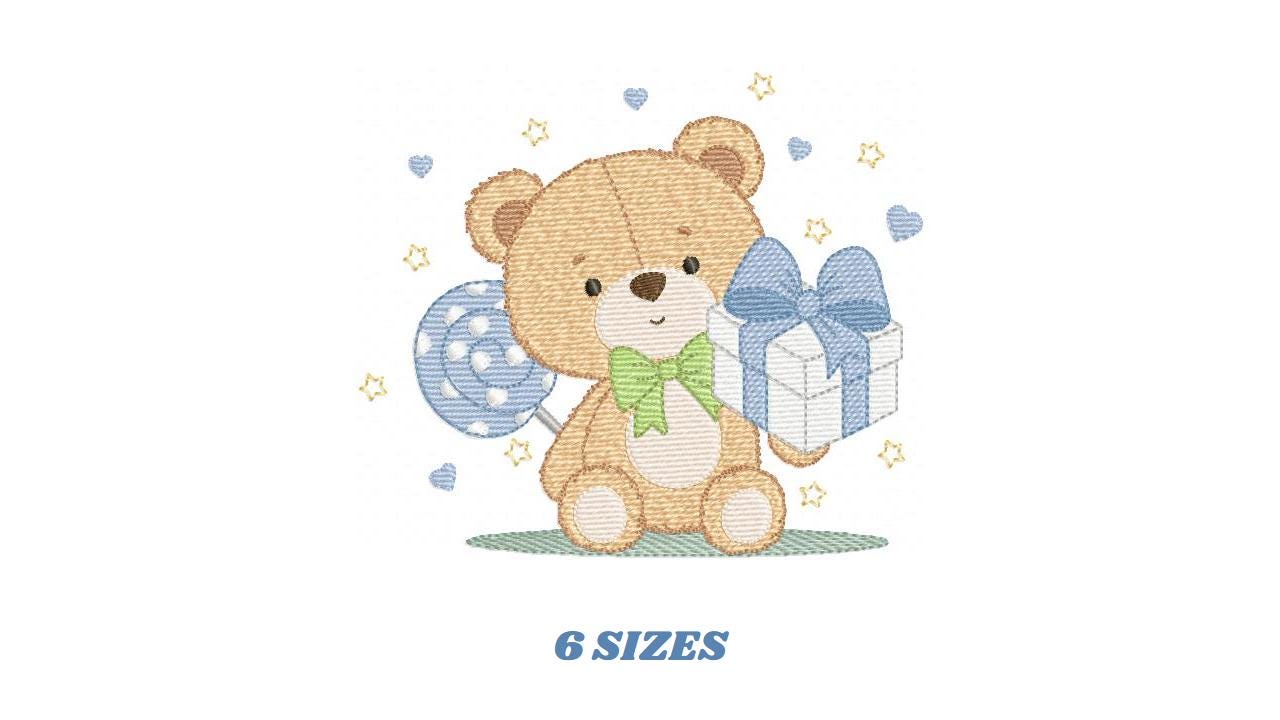Birthday Teddy Bear embroidery designs - Baby boy Bear with gift machine embroidery pattern - Cute Teddy Bear file - Instant download pes