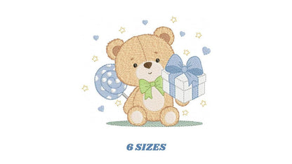 Birthday Teddy Bear embroidery designs - Baby boy Bear with gift machine embroidery pattern - Cute Teddy Bear file - Instant download pes