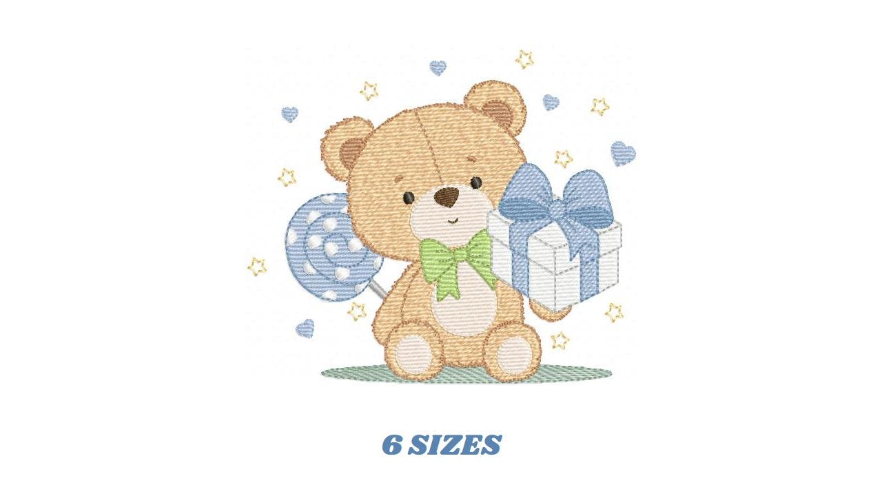 Birthday Teddy Bear embroidery designs - Baby boy Bear with gift machine embroidery pattern - Cute Teddy Bear file - Instant download pes