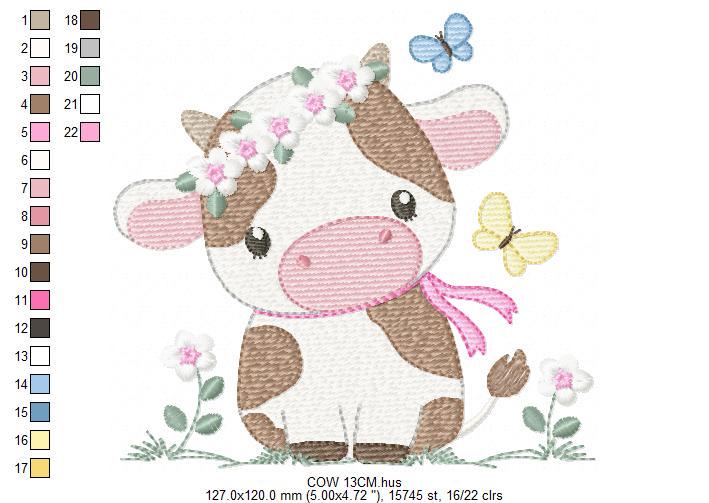 Cow embroidery design - Farm Animal with flowers and butterflies machine embroidery pattern - Baby Girl file - Instant download pes jef dst