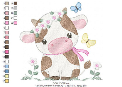 Cow embroidery design - Farm Animal with flowers and butterflies machine embroidery pattern - Baby Girl file - Instant download pes jef dst