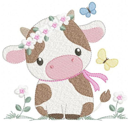 Cow embroidery design - Farm Animal with flowers and butterflies machine embroidery pattern - Baby Girl file - Instant download pes jef dst
