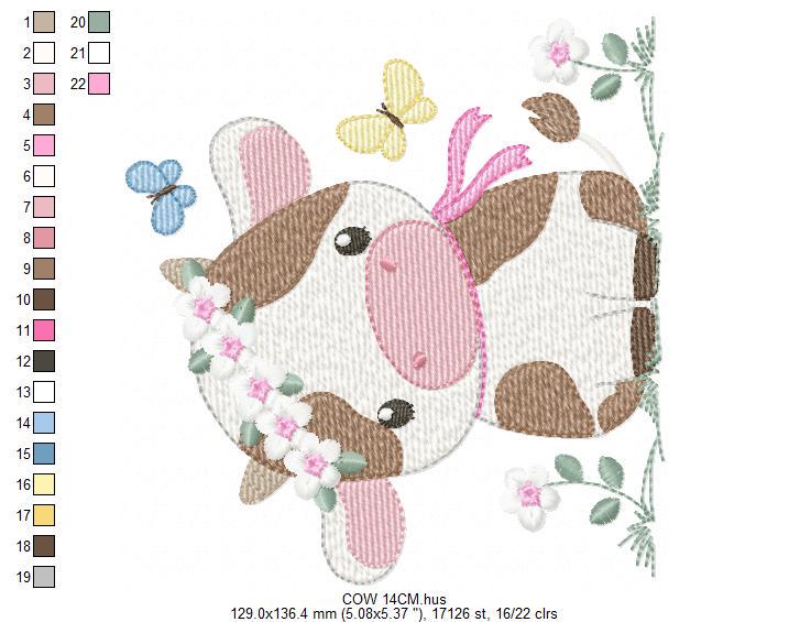 Cow embroidery design - Farm Animal with flowers and butterflies machine embroidery pattern - Baby Girl file - Instant download pes jef dst