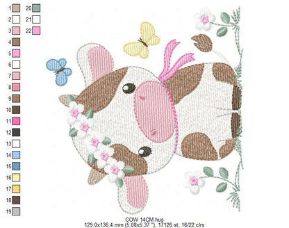 Cow embroidery design - Farm Animal with flowers and butterflies machine embroidery pattern - Baby Girl file - Instant download pes jef dst