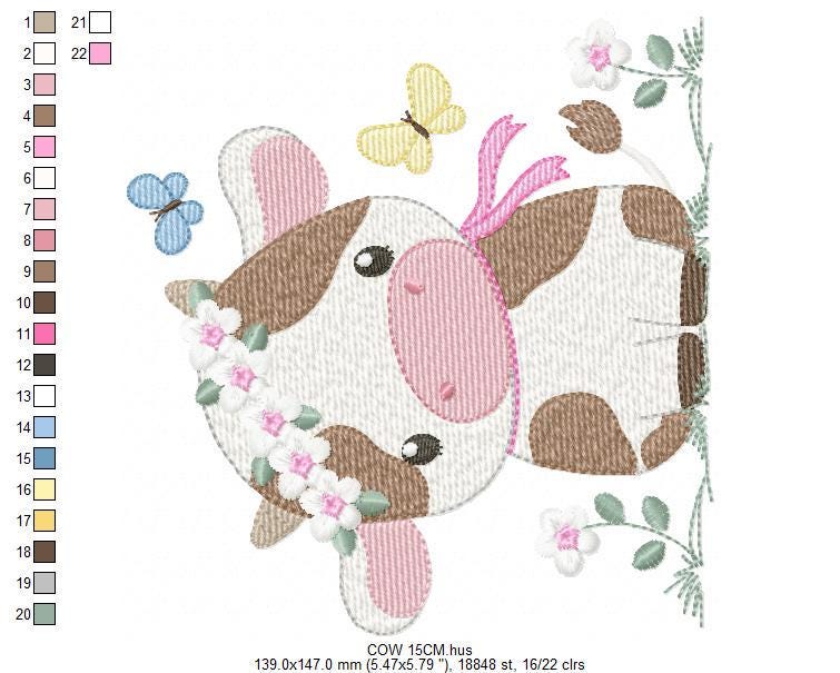 Cow embroidery design - Farm Animal with flowers and butterflies machine embroidery pattern - Baby Girl file - Instant download pes jef dst