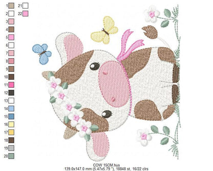 Cow embroidery design - Farm Animal with flowers and butterflies machine embroidery pattern - Baby Girl file - Instant download pes jef dst