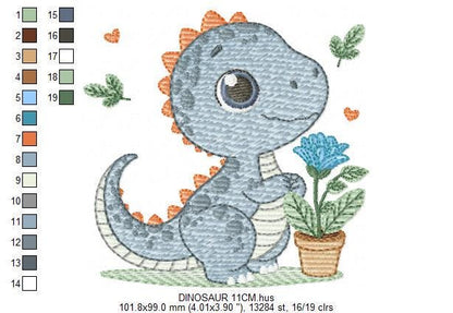 Dinosaur embroidery designs - Dino with flower machine embroidery pattern - Baby Boy Tyrannosaurus file T rex - Instant download pes jef dst