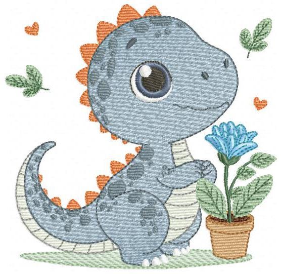 Dinosaur embroidery designs - Dino with flower machine embroidery pattern - Baby Boy Tyrannosaurus file T rex - Instant download pes jef dst